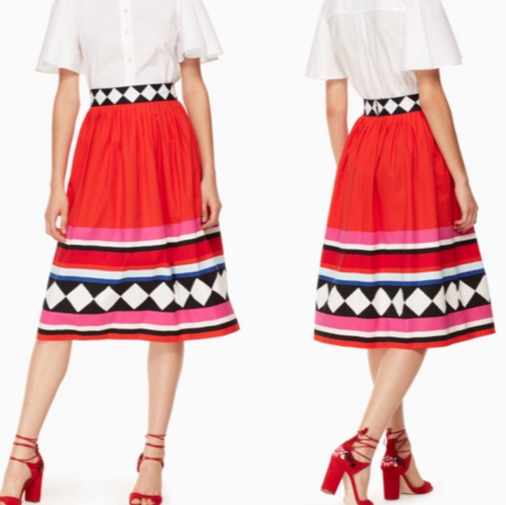 NWT-Kate Spade red geo border poplin full skirt